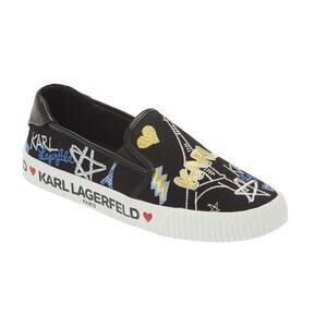 Karl Lagerfeld Paris Jazlyn Slip-On Sneakers Sz 8 Black Embroidered Graffiti